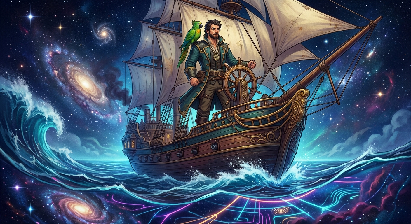 Captain Nemo and Bit expanding voyage across sea, stars, and cyber realms