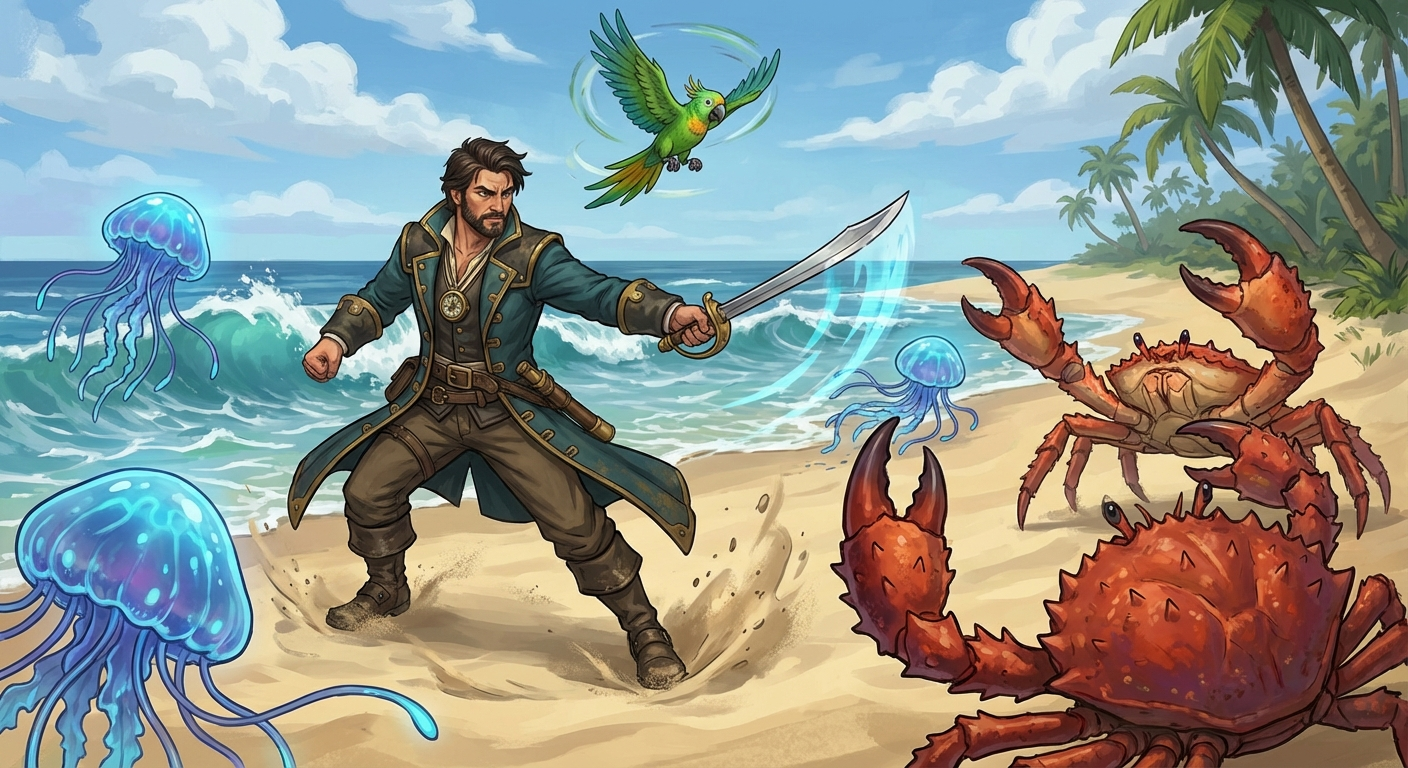 Captain Nemo and Bit facing island enemies in combat