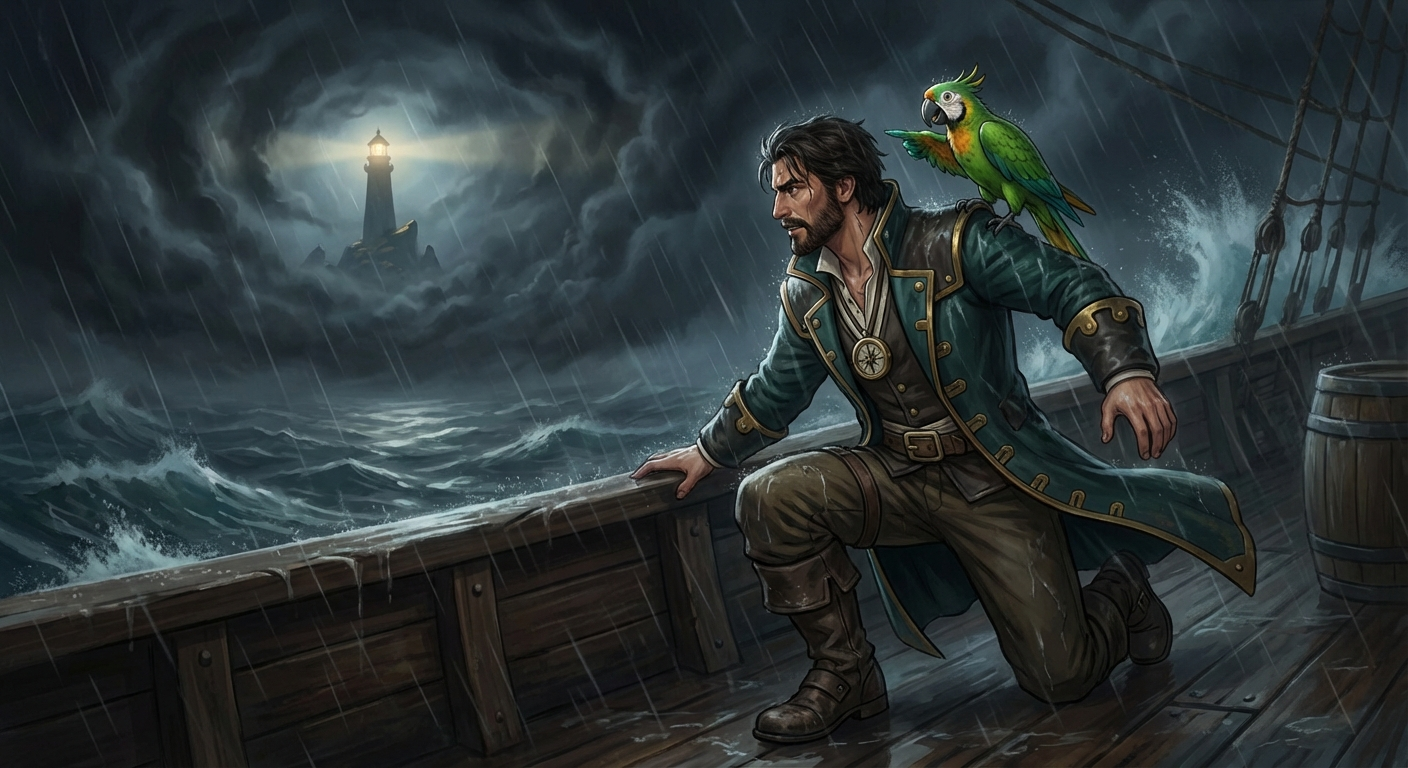 Captain Nemo and Bit recovering from a near-failure under storm skies