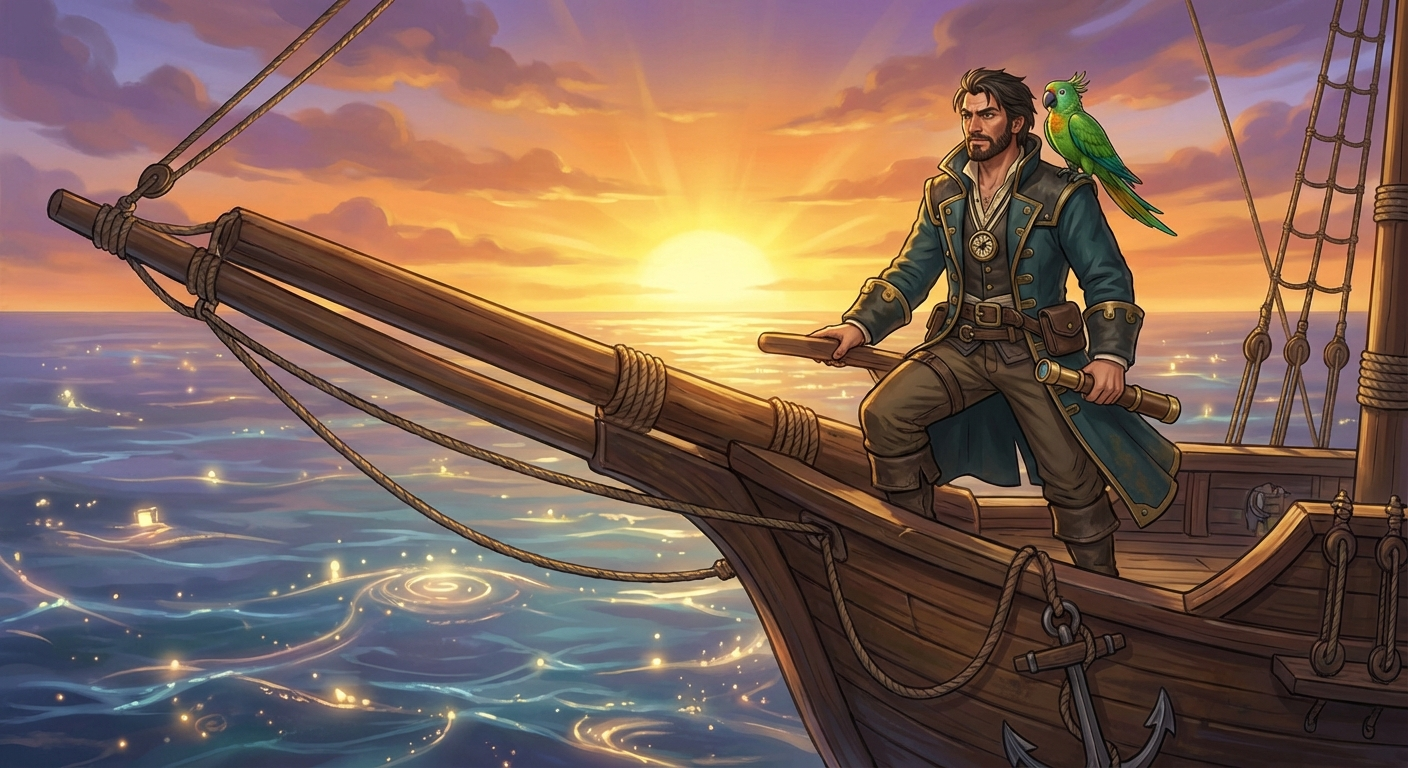 Captain Nemo and Bit ready to sail into sunrise