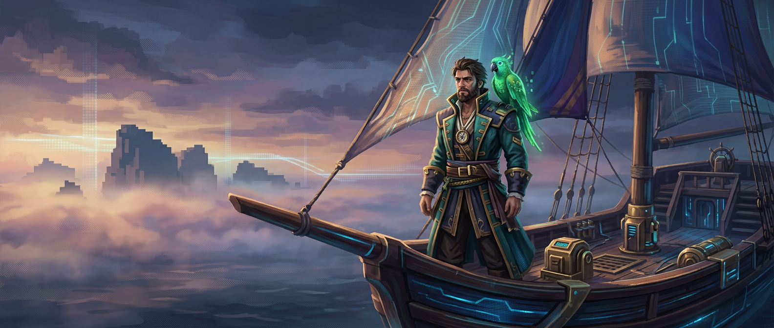 Captain Nemo and Bit looking over the foggy Memory Sea at dawn