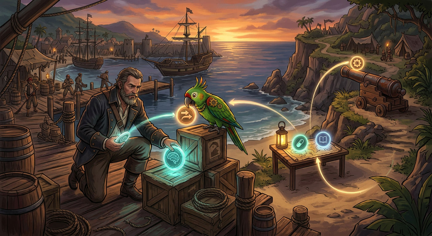 Captain Nemo and Bit staging AI concepts into island landmarks