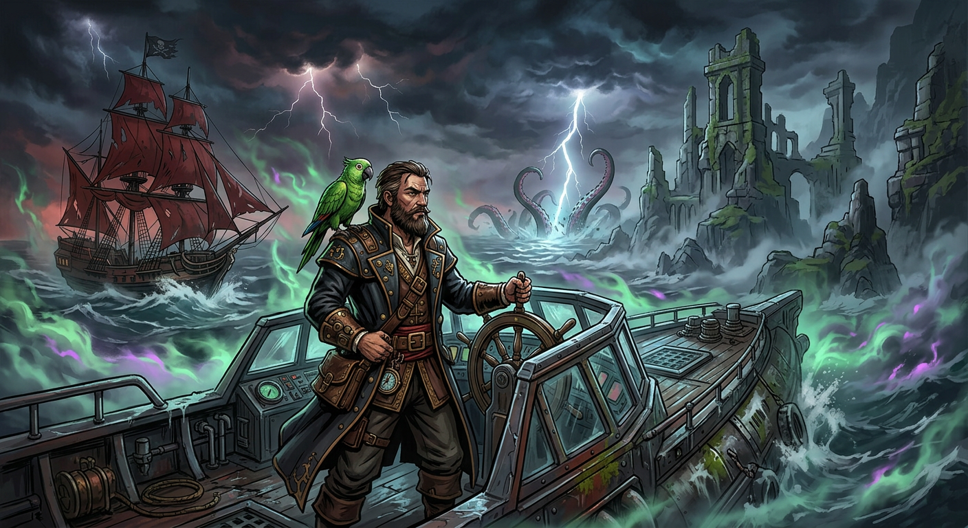 Captain Nemo and Bit facing fog, storm, rival ship, ruins, and Kraken threats