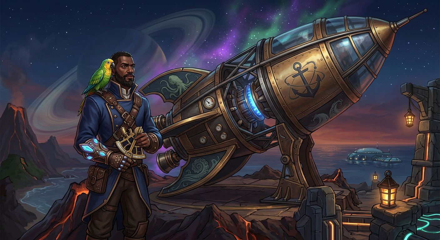 Captain Nemo and Bit at a rocket launchpad blending pirate and space themes