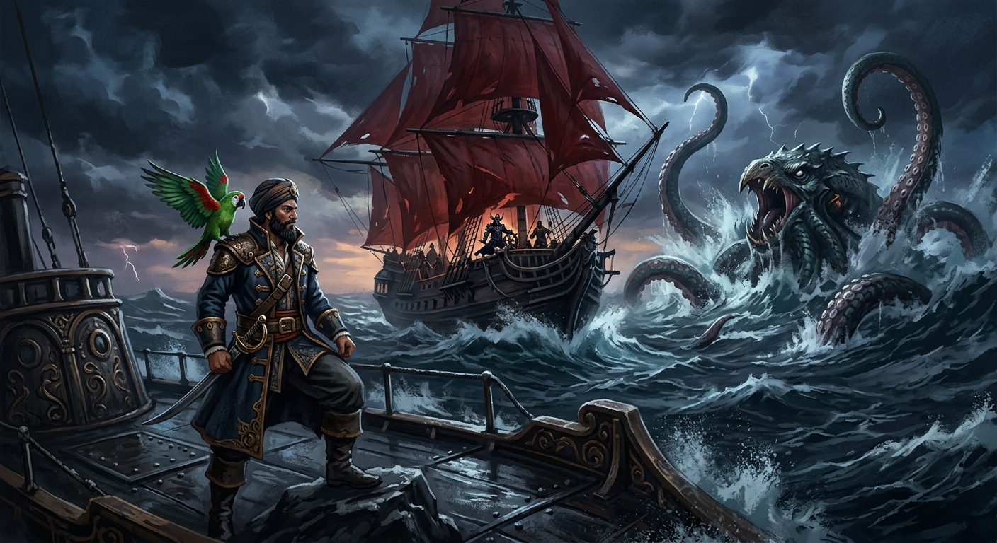 Captain Nemo, Bit, Captain Null, and the Kraken in one cinematic scene