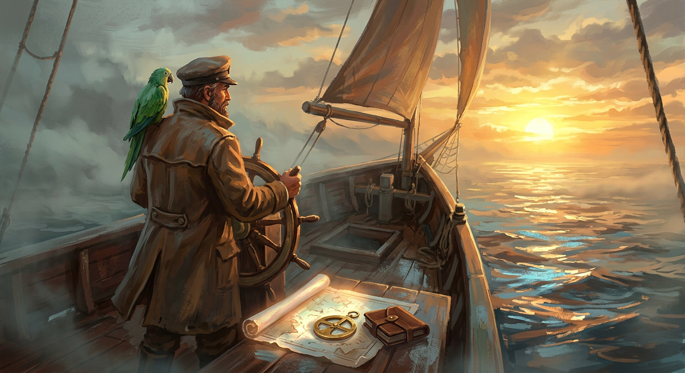 Captain Nemo and Bit sailing into a golden sunrise with a completed chart